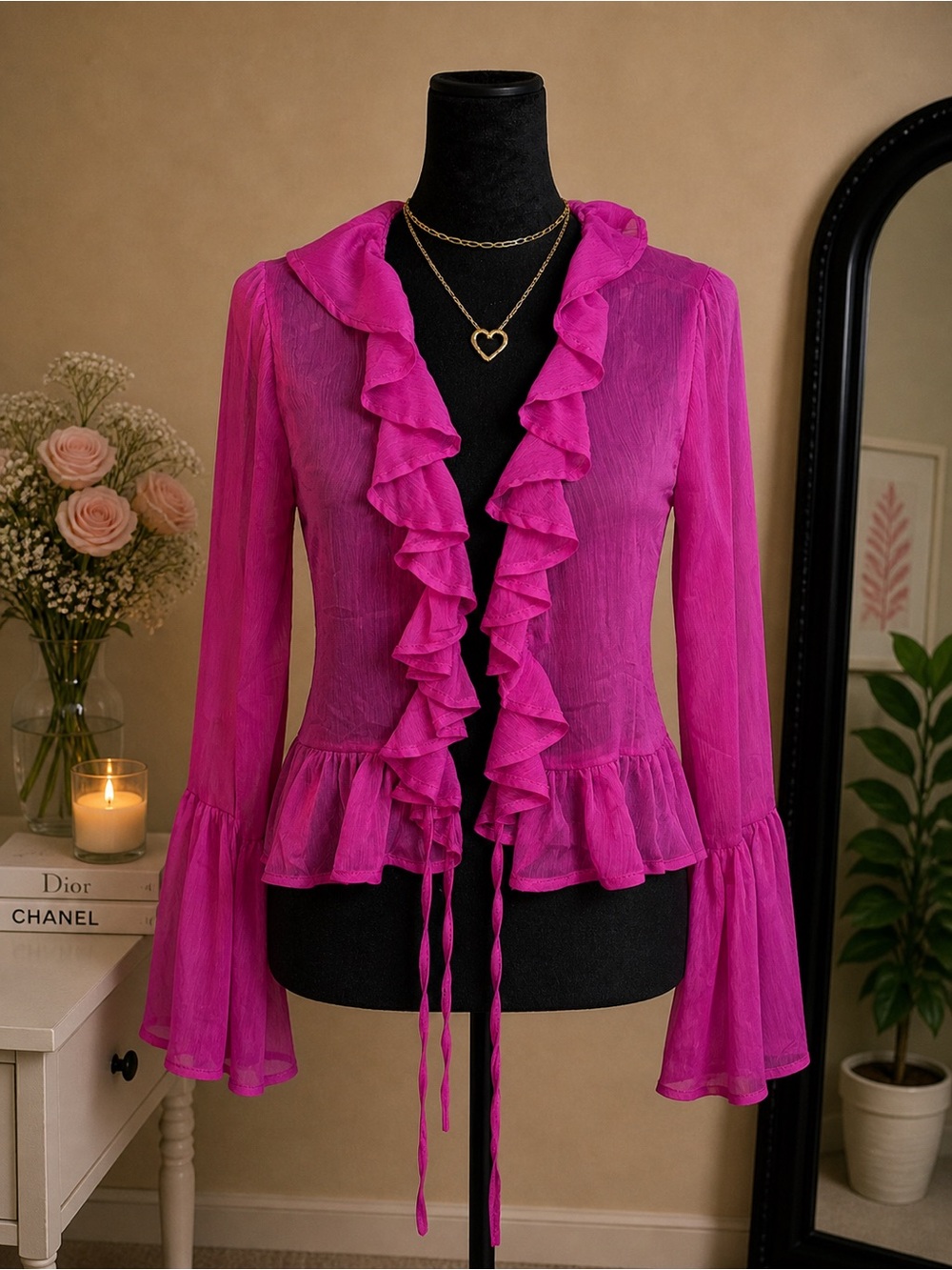 L.I.F.E. ruffle bell sleeve blouse pink sheer tie front size S Y2K boho